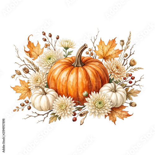 Autumn harvest arrangement with pumpkins and chrysanthemums during golden hour isolated on transparent background