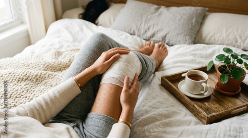 Woman resting in bed with an elastic bandage on her injured knee