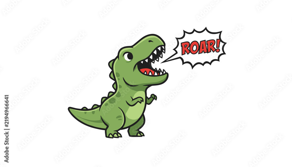 Obraz premium Adorable little green tyrannosaurus rex cartoon character roaring out loud with a jagged speech bubble on a white background.