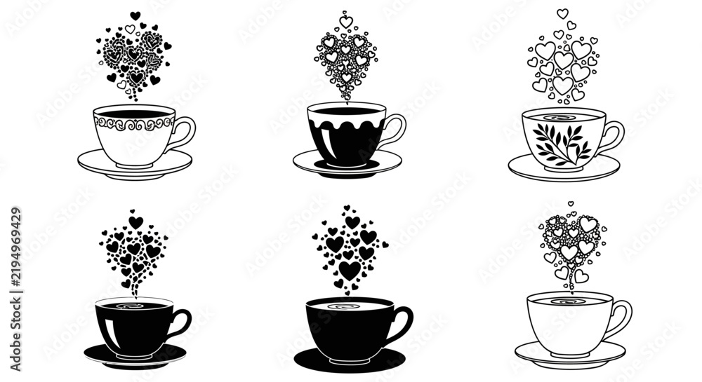 Fototapeta premium Set of six unique coffee cups with heart shaped steam clouds for valentines day vector illustration of caffeinated beverage cups with romantic smoke designs