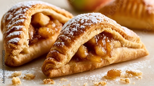 A premium autumn apple dessert background featuring a close-up of freshly baked apple turnovers with golden laminated pastry, glossy fruit filling, powdered sugar and scattered crumbs