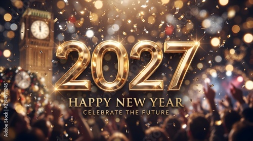 Golden 2027 happy new year text with sparkling lights