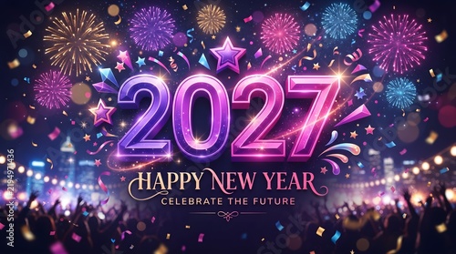 Happy new year 2027 greeting card with colorful fireworks