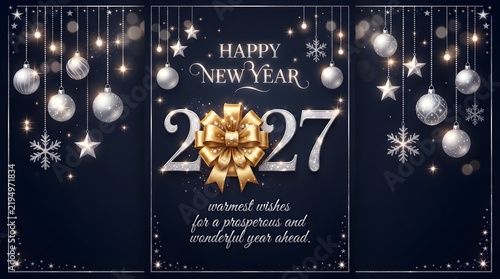 Happy new year 2027 greeting card with gold bow and ornaments
