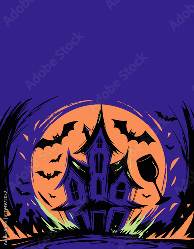 Halloween adult party invitation template with haunted house and moon — sophisticated design template