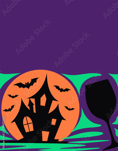 Halloween grown-up party invitation with haunted house, moon, bats — adult celebration design template