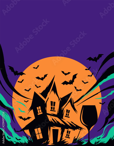 Elegant halloween adult party template with atmospheric haunted house — sophisticated invitation design