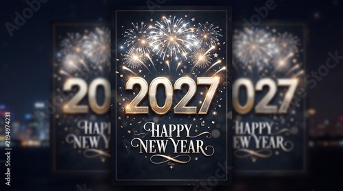 Happy new year 2027 greeting card with gold fireworks