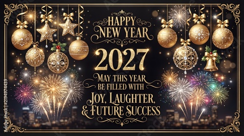 Happy new year 2027 greeting card with gold ornaments