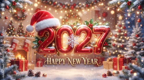 2027 happy new year sign with santa hat and christmas lights