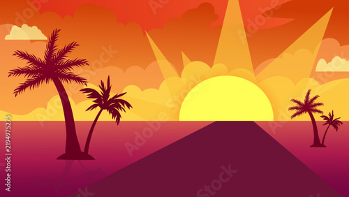 Abstract sunset background with palm tree silhouettes.