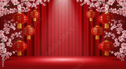 Pixel art cherry blossom festival background with red lanterns
