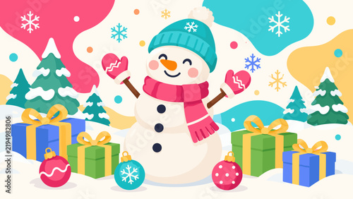 Bild auf Leinwand Snowman smiles warmly with scarf and hat