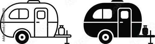 Minimalist vector graphic illustration showing two stylized travel trailer icons with bold black contour lines design