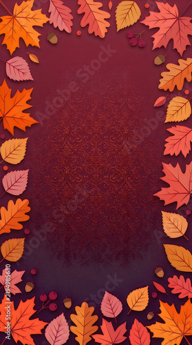 Autumn background frame with colorful fall leaves and acorns on a dark purple textured vertical surface