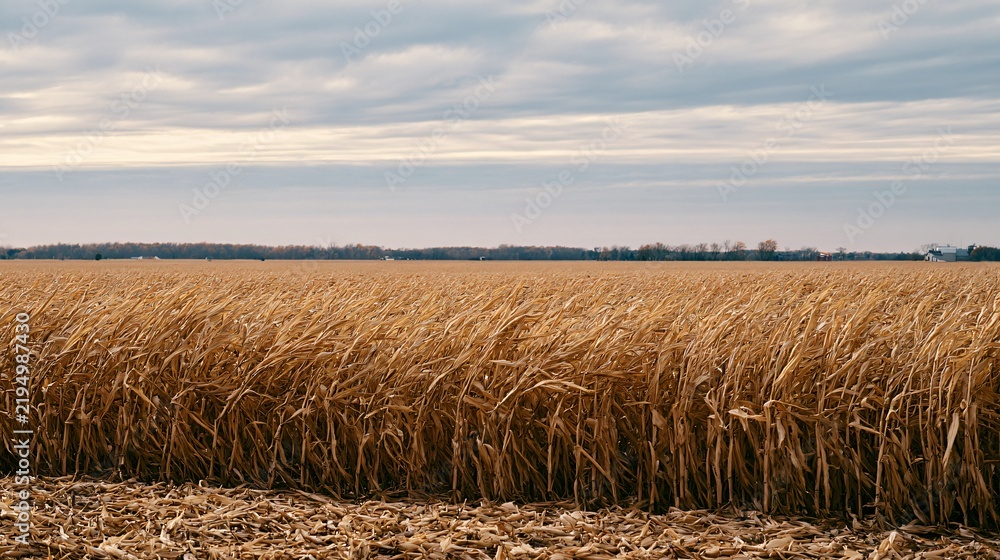 Obraz premium A wide corn harvest field photographed beneath a soft overcast sky, mature golden stalks moving gently in the wind, distant tree line and subtle farm structures creating depth, natural muted colors