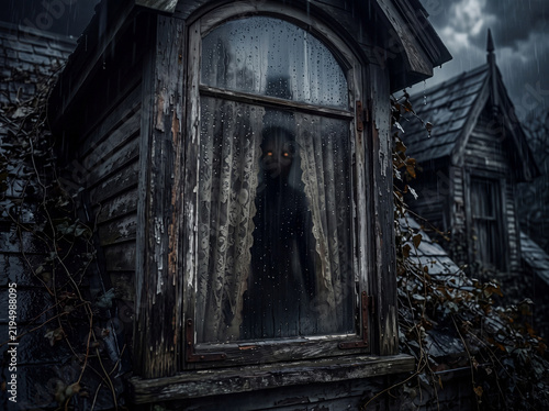 Old, decaying home's window reveals shadowy presence watching