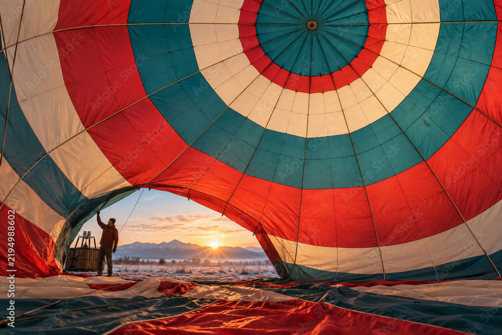 Fototapeta premium Crew Inflates Hot Air Balloon on Snowy Sunrise Field