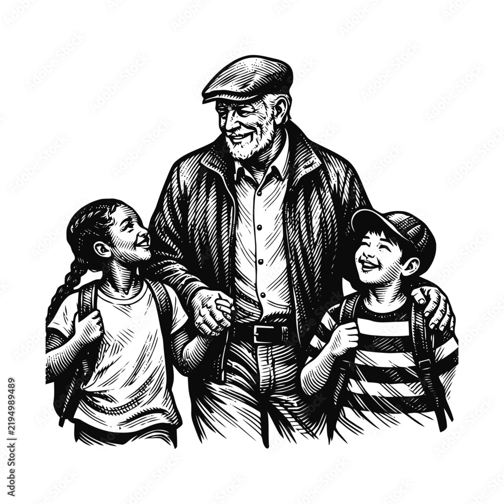 Fototapeta premium A Heartwarming Monochrome Sketch of a Grandfather Walking with His Grandchildren to School
