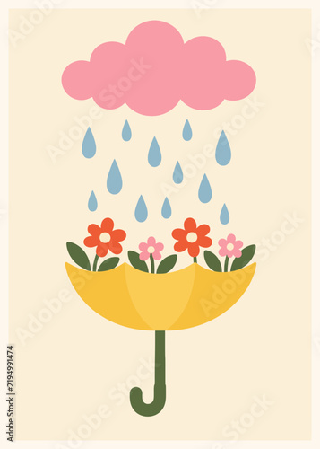 Yellow Umbrella Blooming with Flowers in Rain Illustration