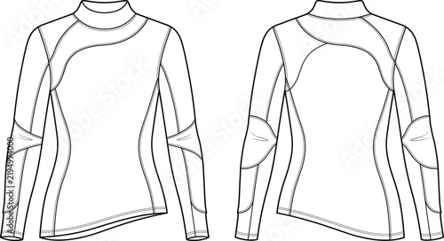 Foto Women's long sleeve athletic top technical fashion flat sketch with curved seams