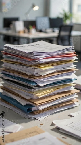 Lawyer reviewing paper documents and legal files stacked on desk for court case investigation and justice