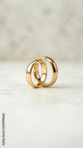 Two gold wedding rings rest on soft coral silk fabric, symbolizing marriage commitment and eternal love in this elegant 3D jewelry illustration