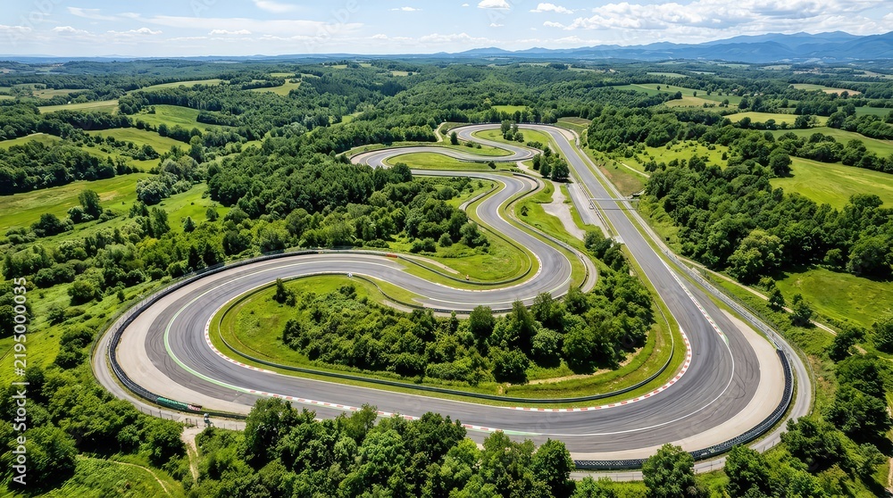 Obraz premium A sweeping high-angle photograph capturing the sinuous curves and straightaways of an outdoor grand prix circuit surrounded by green landscapes, sweeping, start line, view