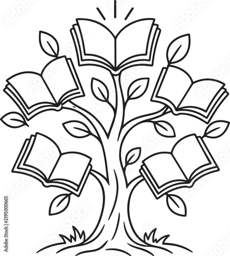 Tree of knowledge with open books as leaves and branches for education and learning vector graphic.