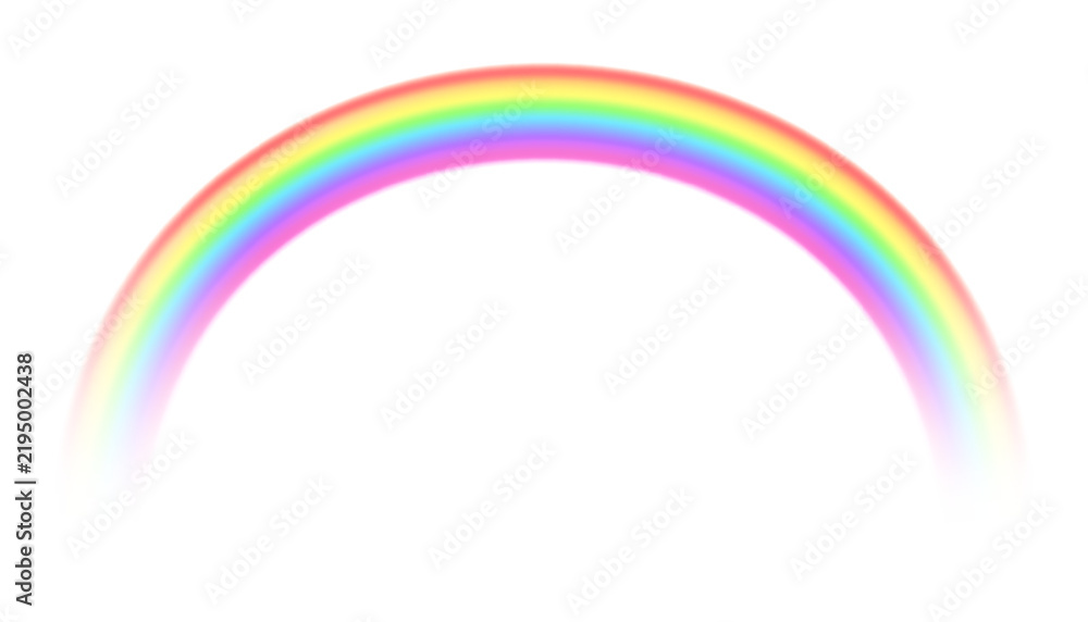 Obraz premium Realistic rainbow arch shape isolated on white background. Colorful light and bright design element. Symbol of rain, sky, clarity, nature. Graphic object, vector illustration.