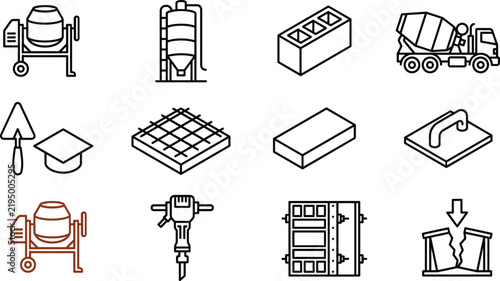 Concrete construction and masonry line icon set for cement manufacturing industrial tools engineering and building projects