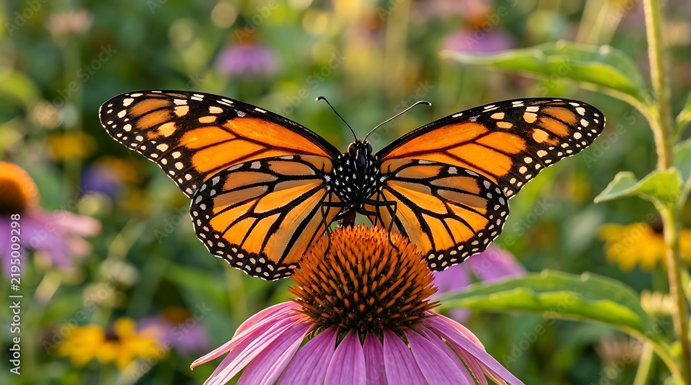 Obraz premium Monarch butterfly rests upon a pink echinacea flower in a vibrant garden setting
