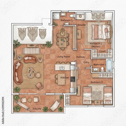 Illustrated 2d floor plan of a modern residential family house with apartment
