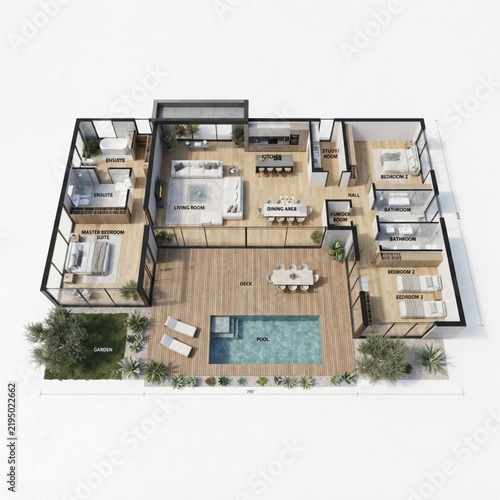 Top down 3D floor plan of a modern house with outdoor pool deck