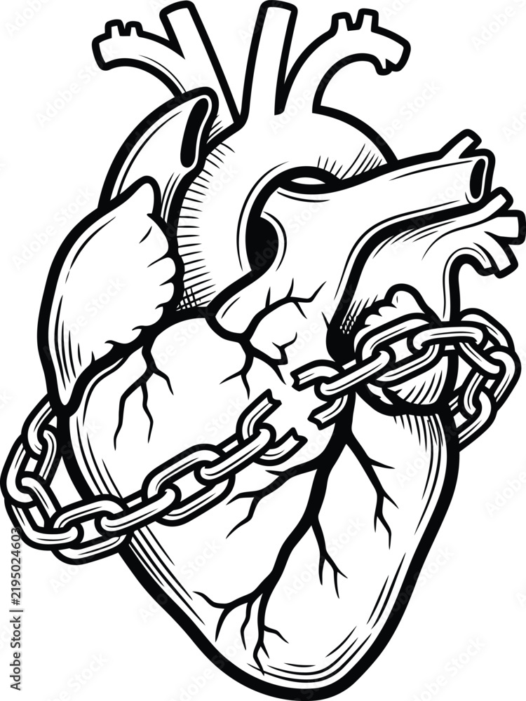 Obraz premium Anatomical Human Heart Wrapped in Broken Chain, Black and White Tattoo Style Line Art Illustration Symbolizing Freedom and Breaking Free