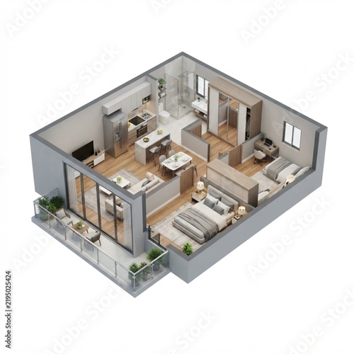 Modern apartment unit isometric floor plan with open living area