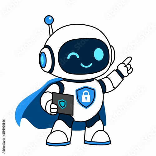 Cute cybersecurity robot superhero protecting digital data with a shield and security card, representing online privacy and cyber protection