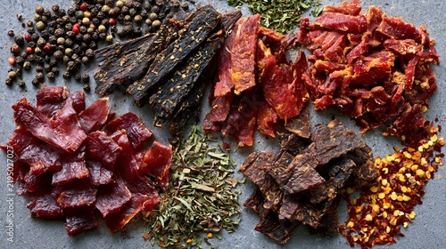 A delicious jerky flat lay featuring multiple varieties of jerky arranged in separate organic clusters, different thicknesses and textures clearly visible, surrounded by peppercorns
