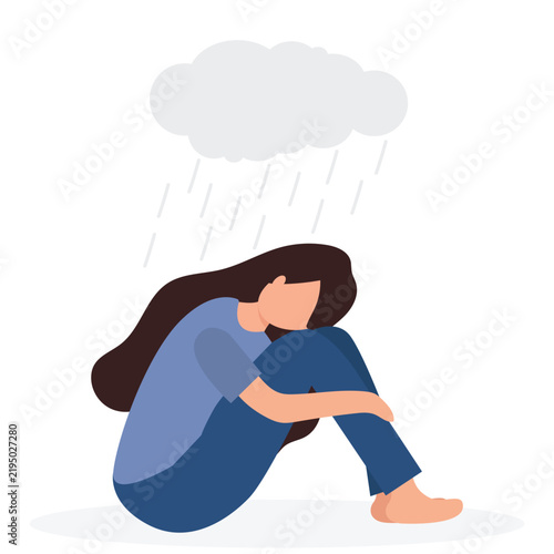 Fotografie Young depressed woman sitting under metaphoric rainy cloud