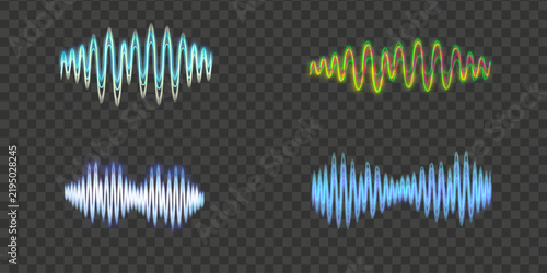 Isolated images of sound waves. A set of digital sound wave and light wave effects on a transparent background. Vector illustrations of sound waves.