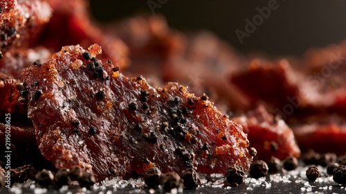 A macro delicious jerky image emphasizing a heavily peppered surface, coarse black pepper embedded into the meat and tiny salt crystals catching the light, dark neutral background