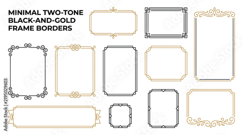 Set of minimal twotone black and gold frame borders, elegant rectangular decorative frames for invitations, menus, and certificates, vector illustration
