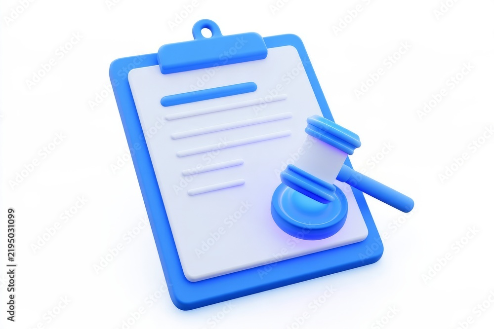 Obraz premium 3D clipboard contract document with a judge gavel icon isolated on white background. Minimal matte claymorphism legal law policy concept.