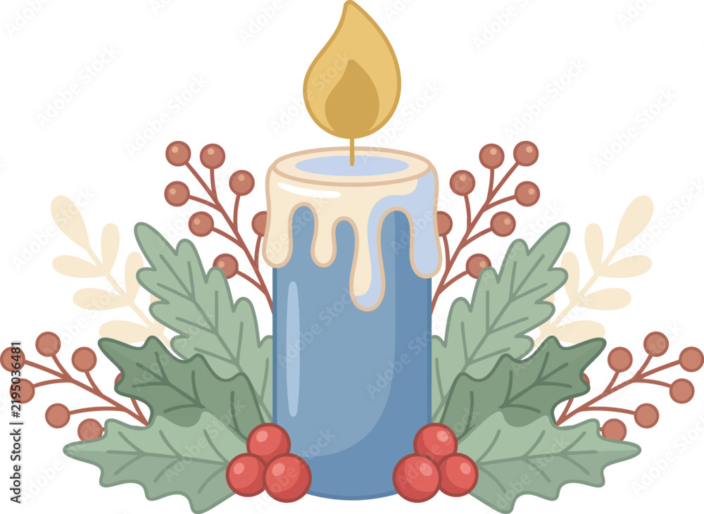 Obraz premium Festive candle illustration with holly and berries on a white background