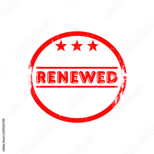 Renewed round red distressed grunge stamp icon with three stars for business documents.