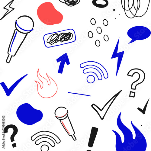 Whimsical hand drawn vector doodles focused on blogging, podcasting, and social media symbols