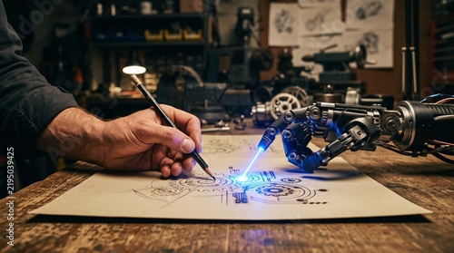 Human hand with pencil beside robotic hand emitting blue laser tool over blank surface, dramatic contrast of organic and mechanical collaboration.