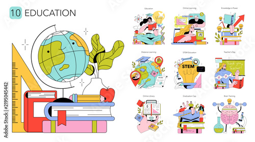 Education icons set showing learning study and graduation