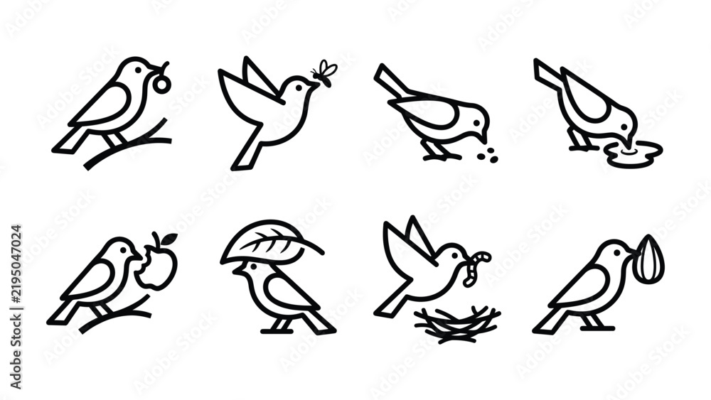 Obraz premium Set of Bird Icons: A collection of minimalist line art icons depicting various bird activities, such as eating, drinking, carrying food, and interacting with nature.