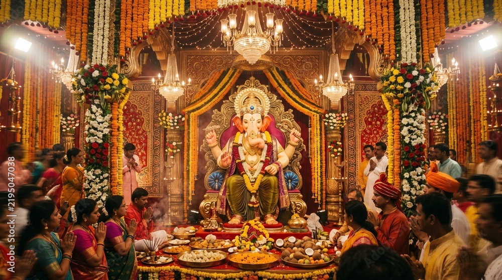 Fototapeta premium Grand Ganesh Chaturthi Festival Celebration with Lord Ganesha Idol and Devotees
